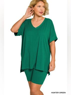 Zenana Hunter Green Plus Brushed Dty Microfiber V-neck Top & Biker